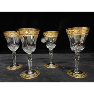 Saint Louis - Callot Gold Crystal Model 4 Wine Glasses H: 13.5 Cm Thistle